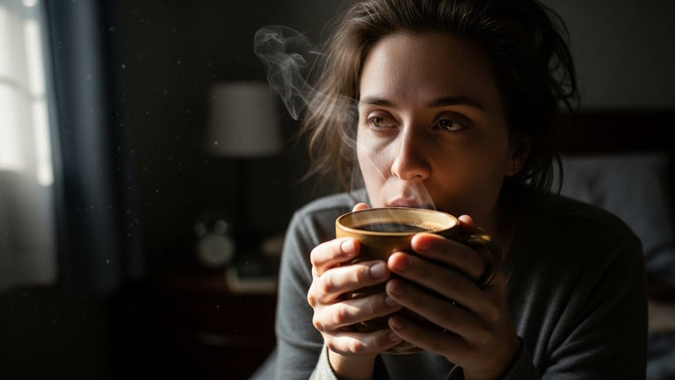 A person waking up, a bit "groggy", holding a steaming cup of coffee with both hands, in soft morning light.