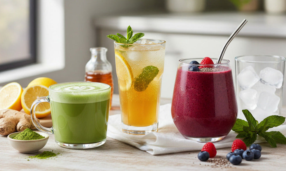 A variety of homemade energy drinks prepared in a kitchen