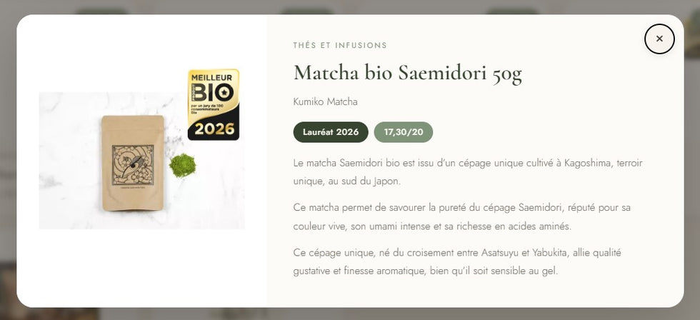 Matcha bio Saemidori de Kumiko Matcha, lauréat Meilleur Produit Bio 2026 avec 17,30/20